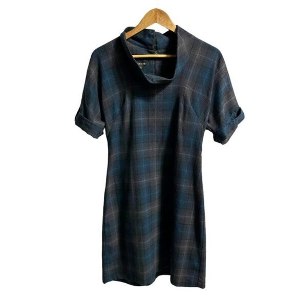 Body Bag by Jude Retro Cowl Neck Short Sleeve Midi Dress Blue Plaid - Picture 1 of 4